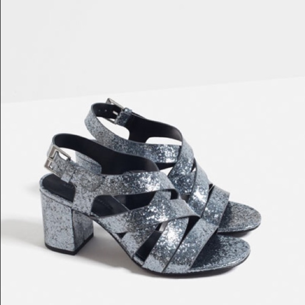 ZARA SPARKLY BLOCK HEEL SILVER SANDALS BRAND NEW WITH TAGS US 6.5
